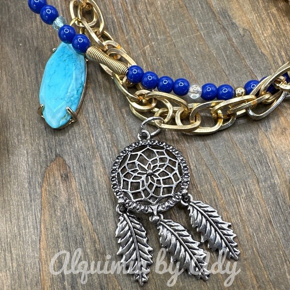 Evil’s eye turquoise Lapis  beaded layered maximalist multi charms necklace - Picture 3 of 7